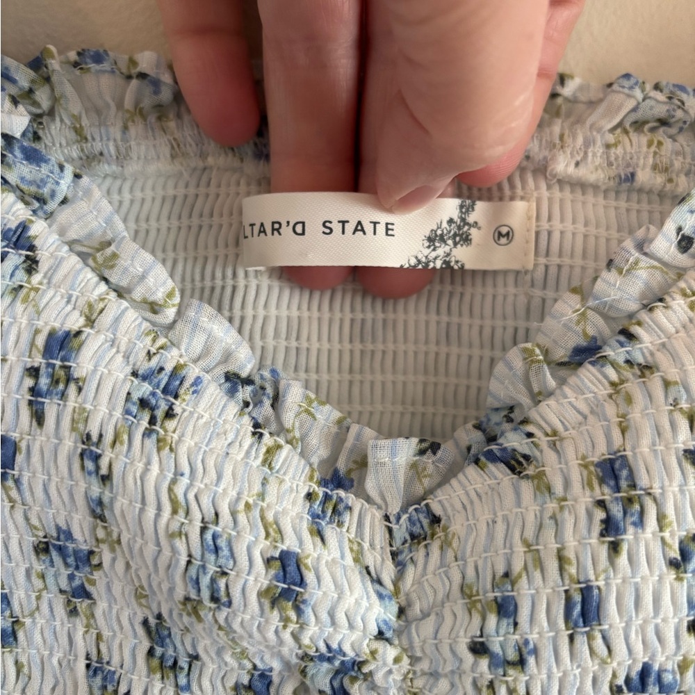 Altar'd State White and Light Blue Floral Ruffle-Shoulder Mini Dres, Size M - Picture 2 of 6